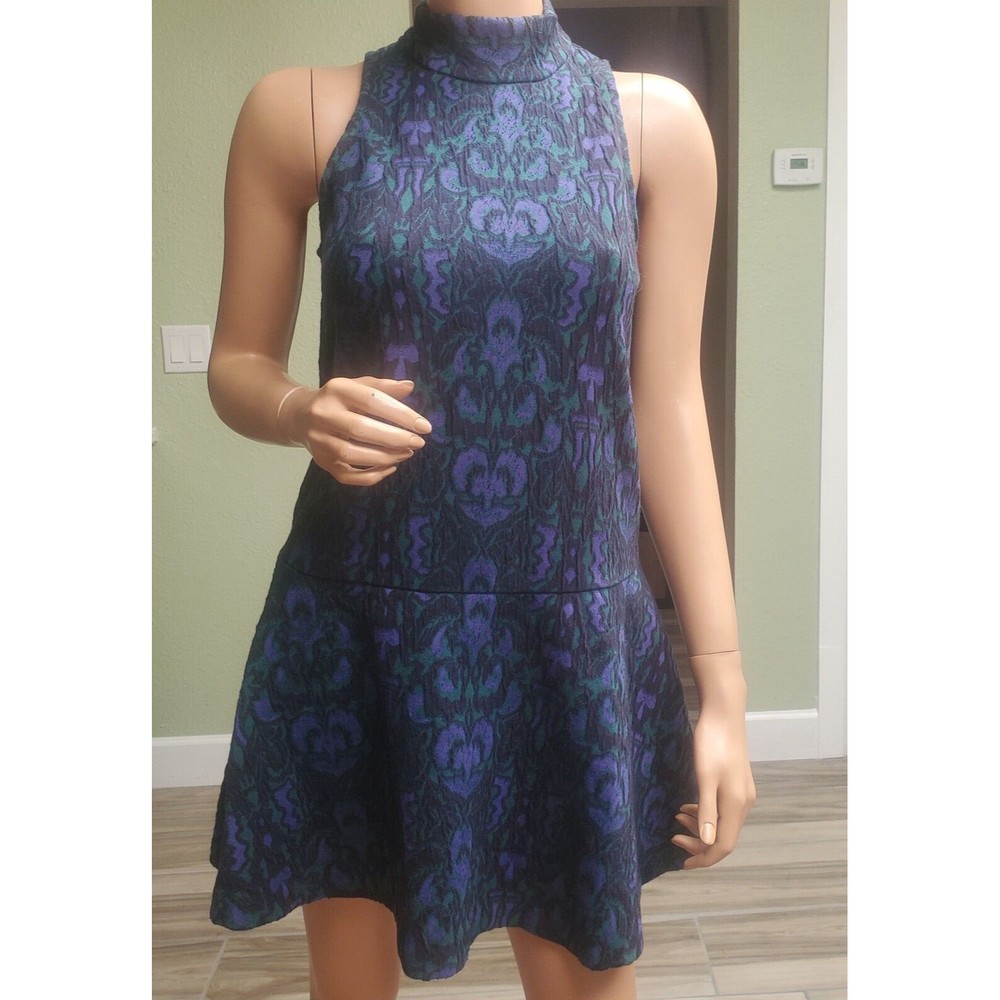 Free People Amelia Blue Damask Pattern 60s Style Drop Waist Mini Dress NWT XS